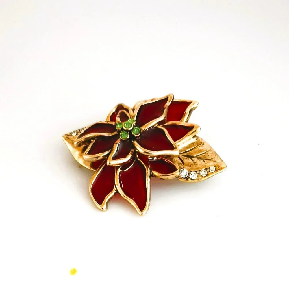 LC Enamel Poinsettia Brooch Red Gold Christmas Flower Pin